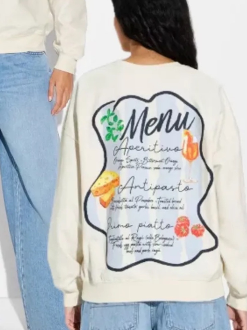 Cream Graphic Menu-Print Crewneck Sweatshirt